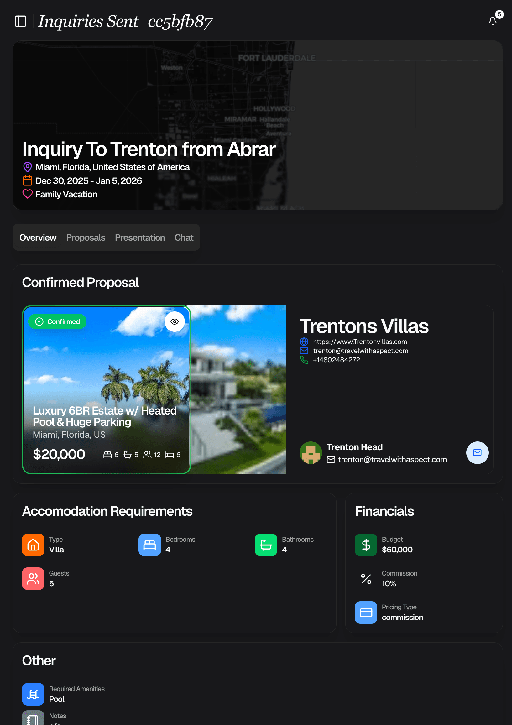 Confirm a luxury travel booking and track status in InquiryDirect
